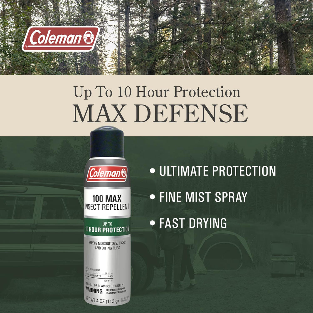 Coleman 100 Max DEET spray applied on skin for strong, lasting protection.