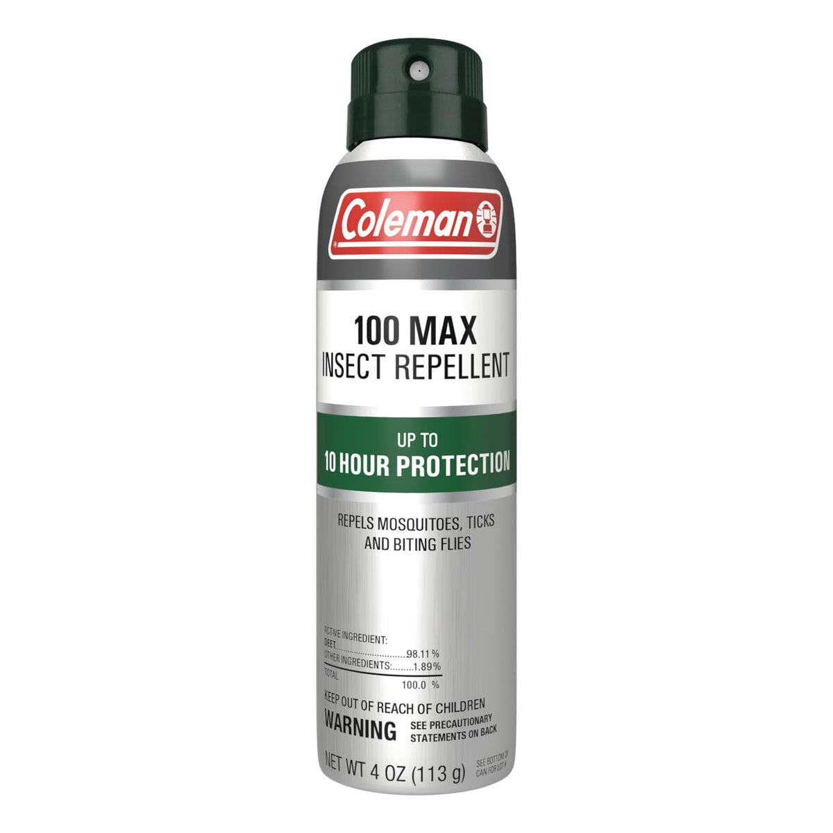 Coleman 100 Max DEET spray can shown for all-day outdoor protection.