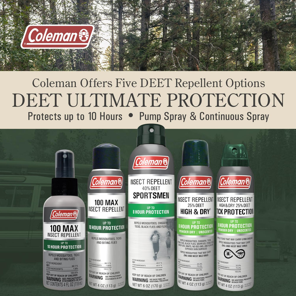 Coleman 100 Max DEET spray resists water and sweat during activity.