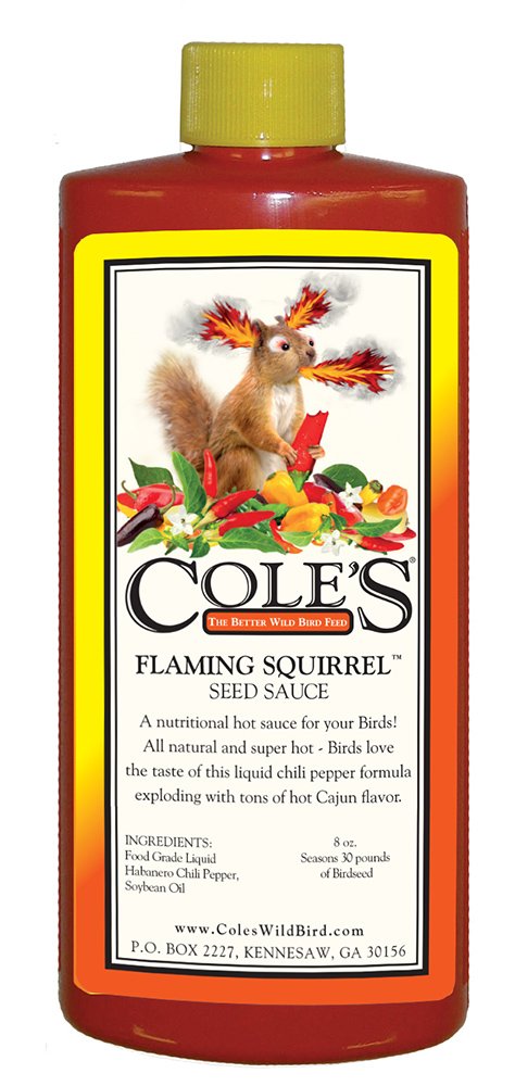Cole's Flaming Squirrel Seed Sauce bottle front view attracts birds with spicy flavor.