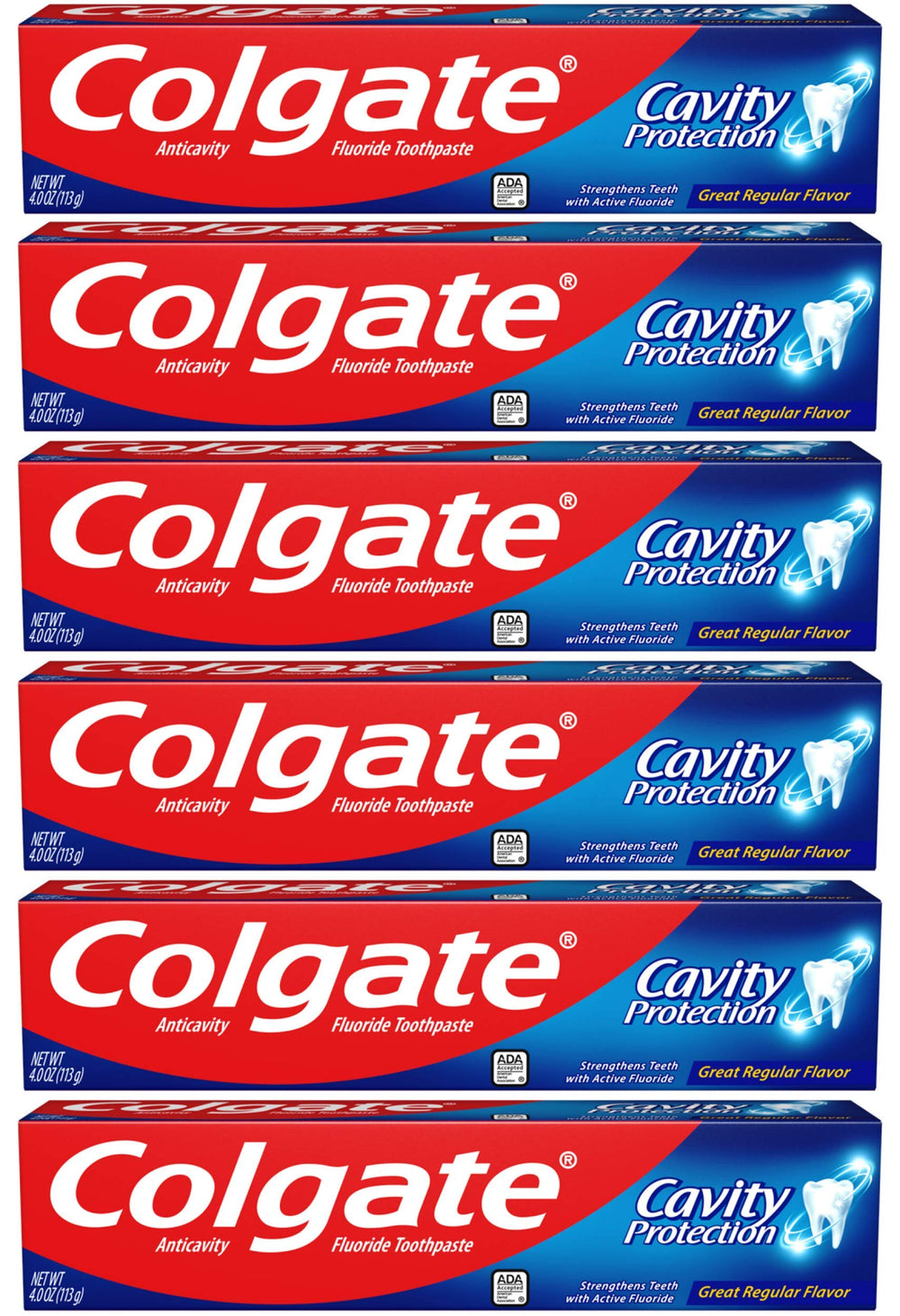Colgate Cavity Protection toothpaste pack6 outer view highlights family-friendly cavity defense.