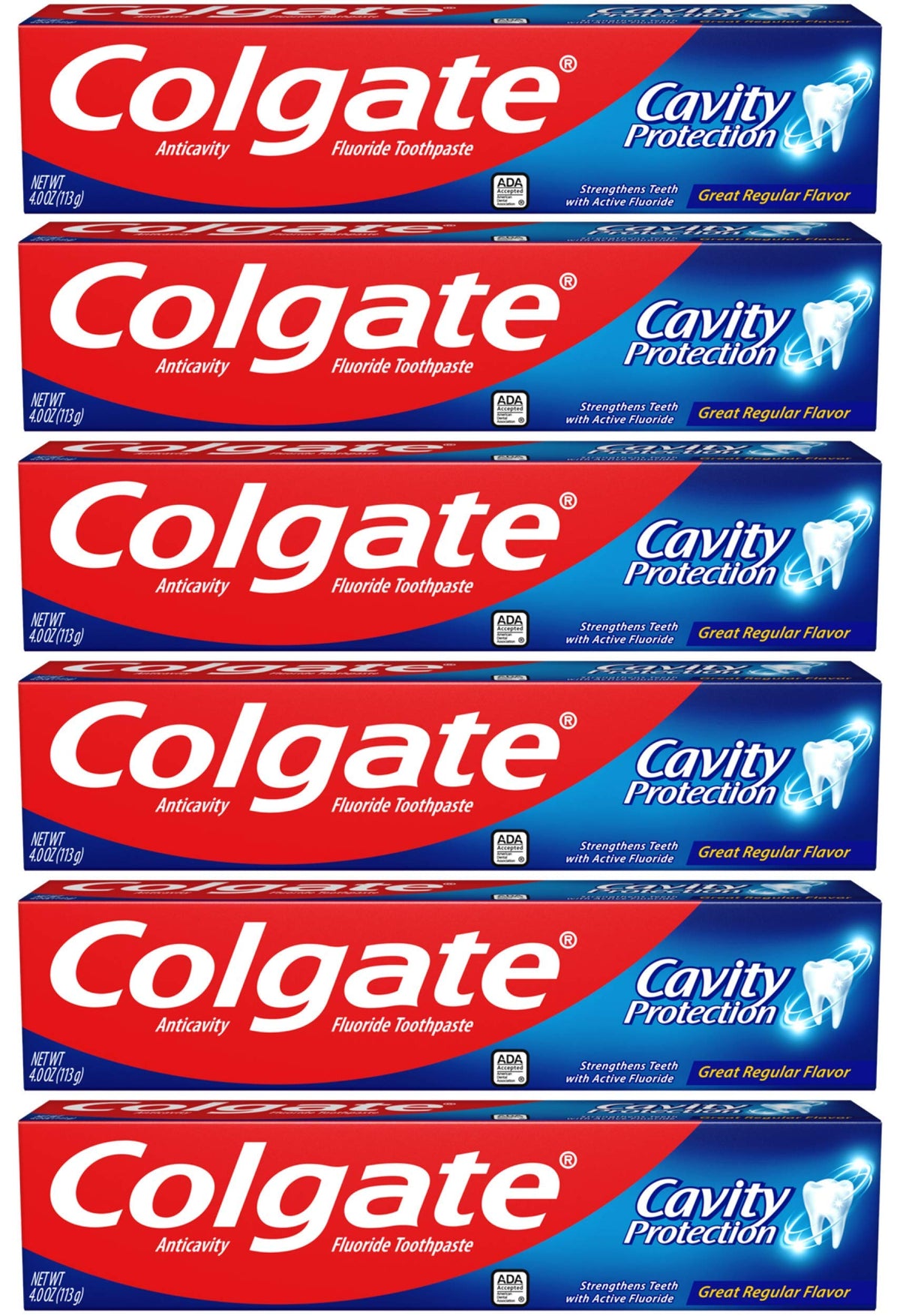 Colgate Cavity Protection toothpaste pack6 outer view highlights family-friendly cavity defense.