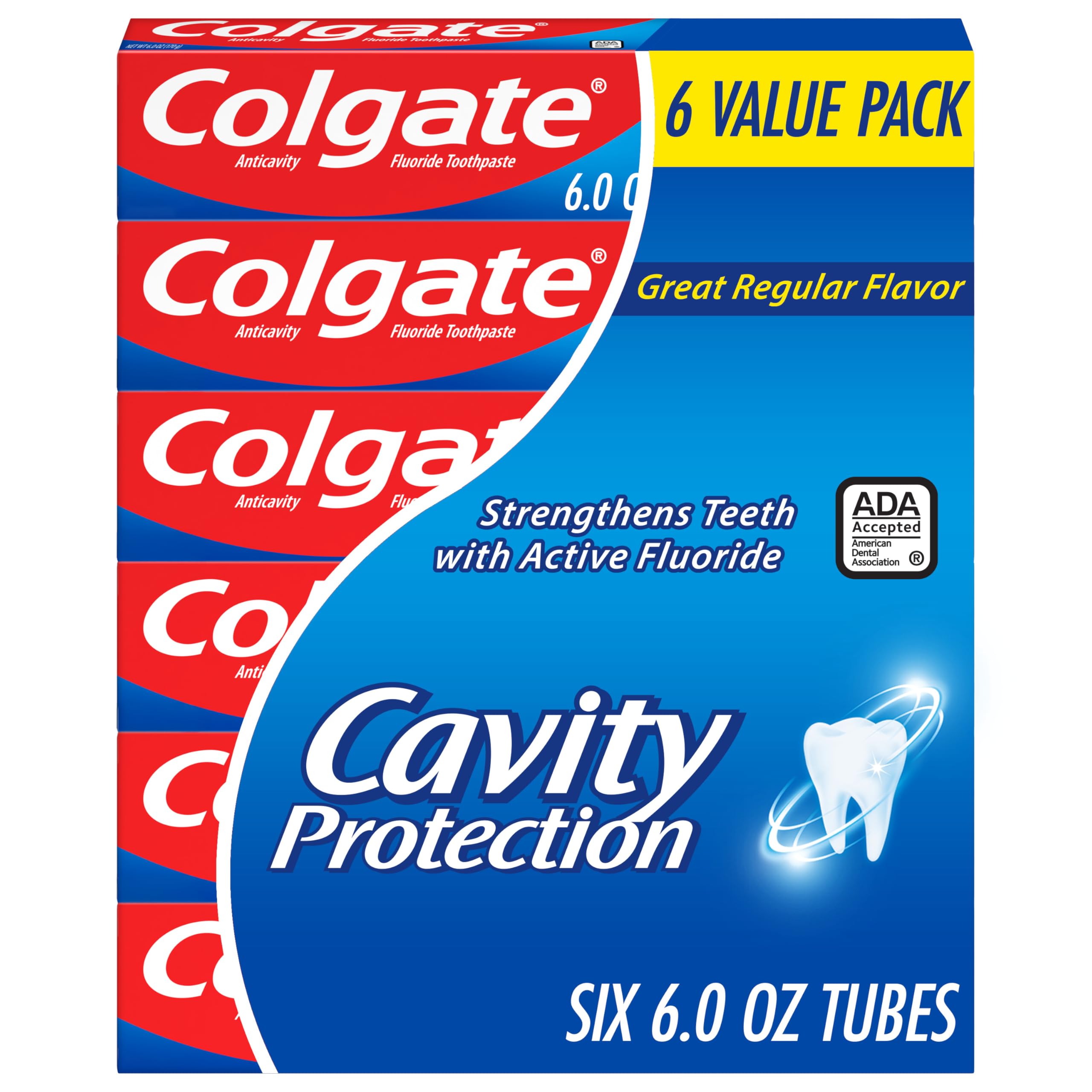 Colgate Cavity Protection toothpaste six-pack tubes on display for enamel care and daily brushing