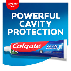 Colgate Cavity Protection toothpaste label close-up highlights fluoride content for enamel health