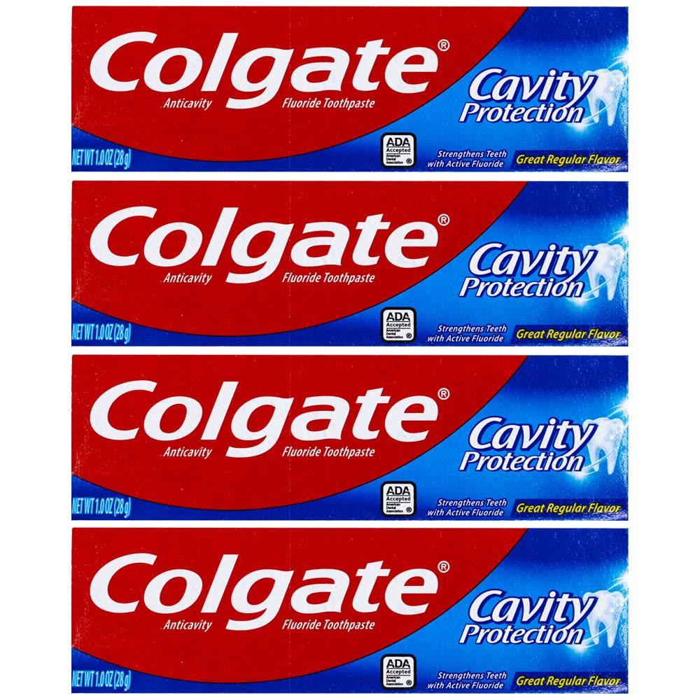 Colgate Cavity Protection toothpaste travel-size tubes, perfect for on-the-go freshness.