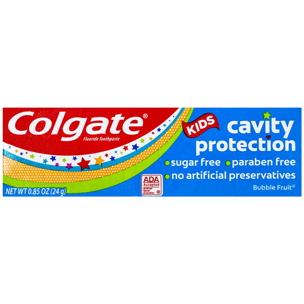 Eight-pack travel-size Colgate Kids toothpaste for convenient brushing on the go.