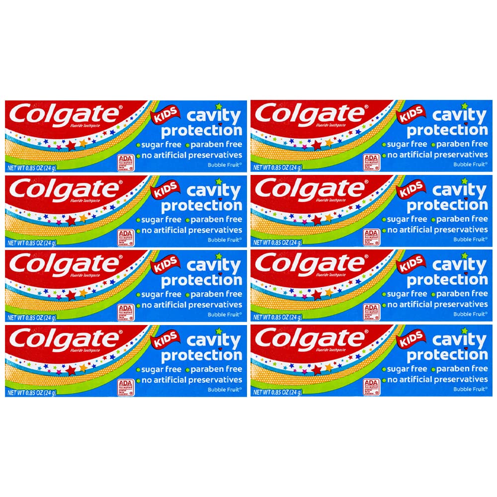 Colgate Kids toothpaste tube with bubble fruit flavor packaging highlighting cavity protection.