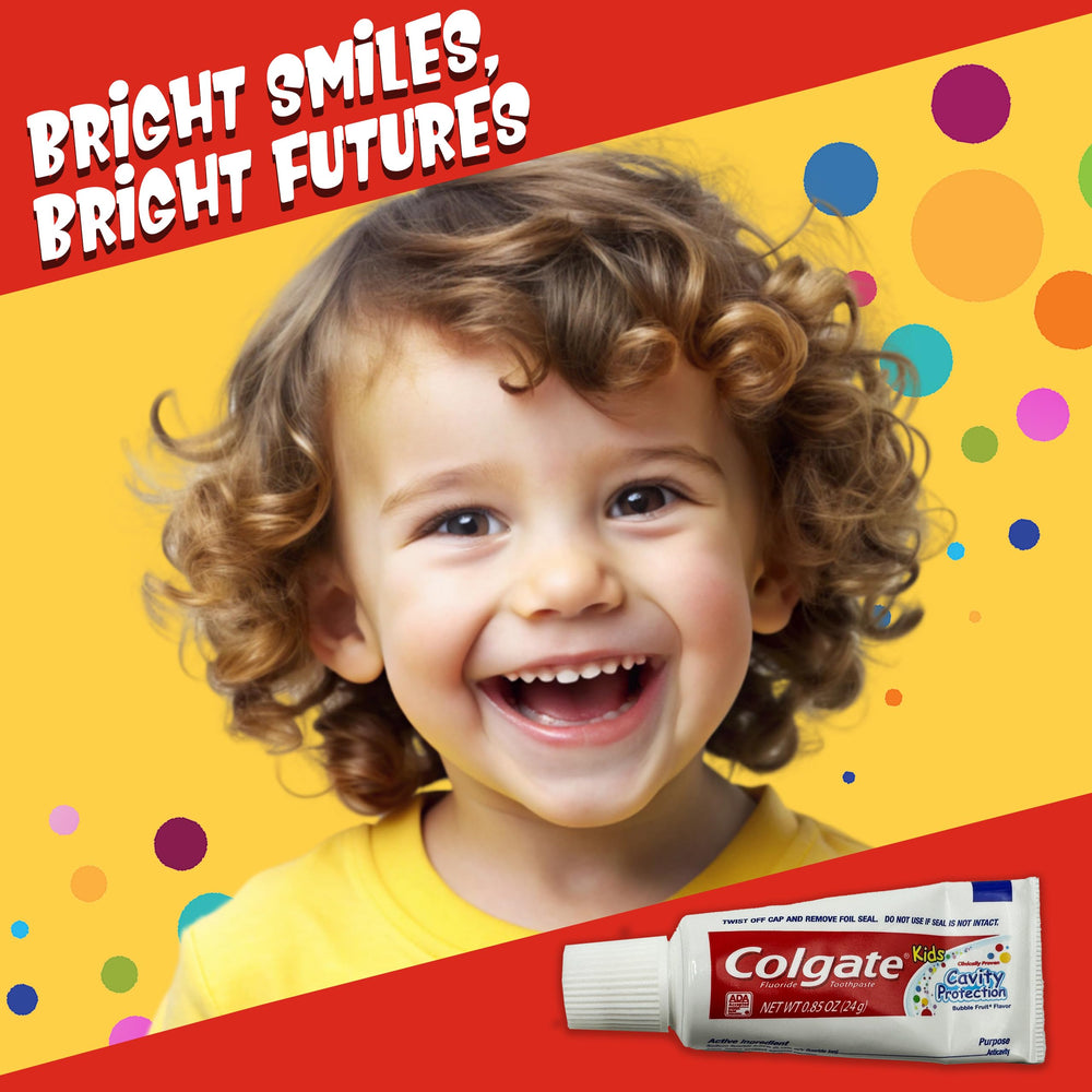 Colgate Kids toothpaste travel pack shown for trips and school