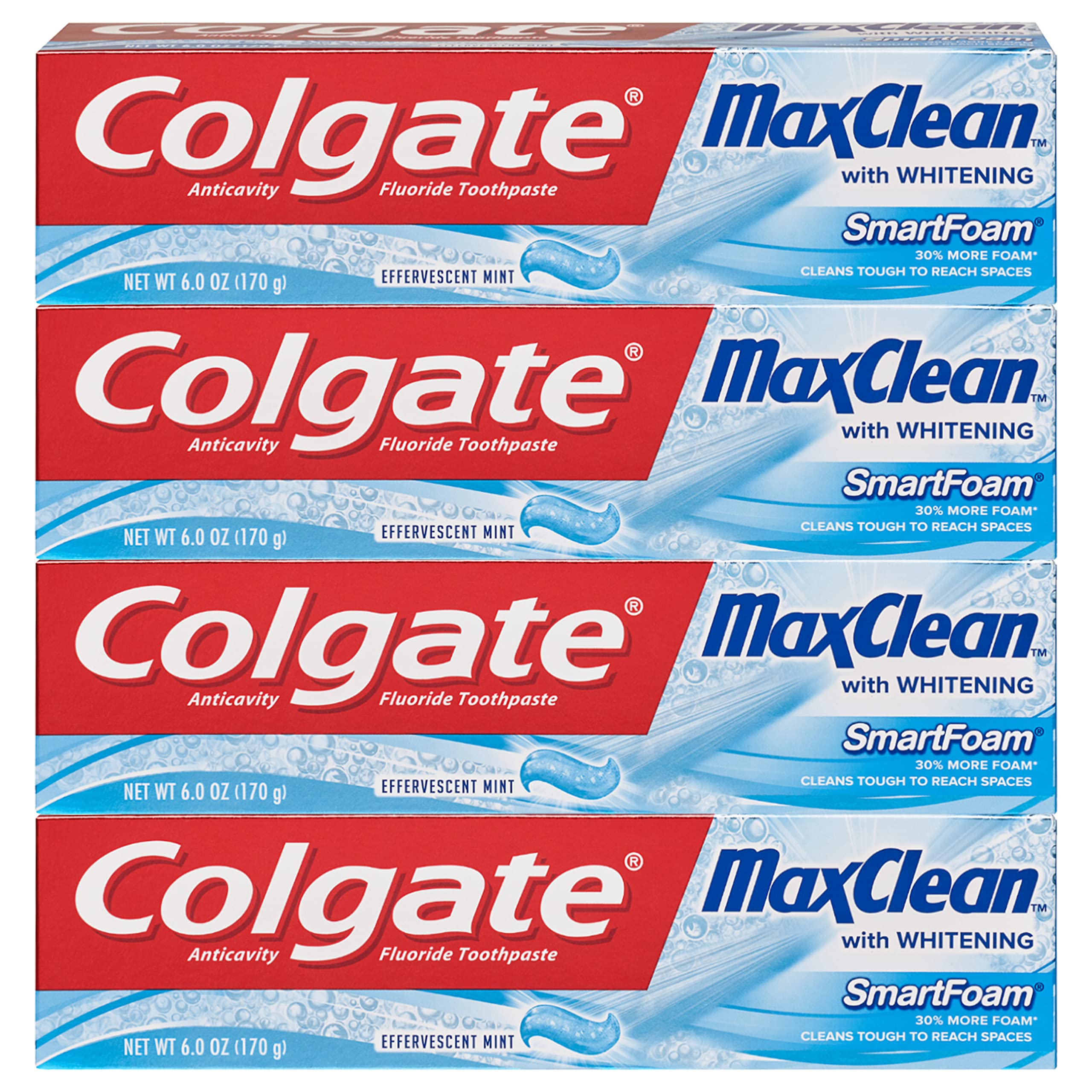 Colgate Max Clean Foaming Toothpaste tube with 6 oz promotes whitening and cavity protection.