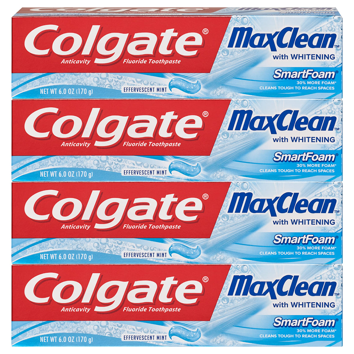 Colgate Max Clean Foaming Toothpaste tube with 6 oz promotes whitening and cavity protection.