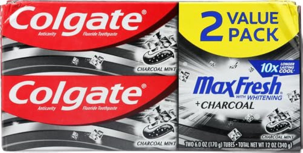 Colgate Max Fresh Charcoal toothpaste duo on display communicates long-lasting freshness