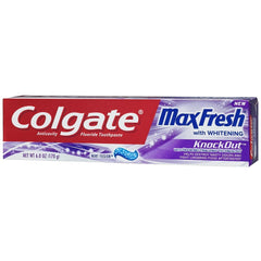Pack of four Colgate Max Fresh tubes arranged for daily routine.