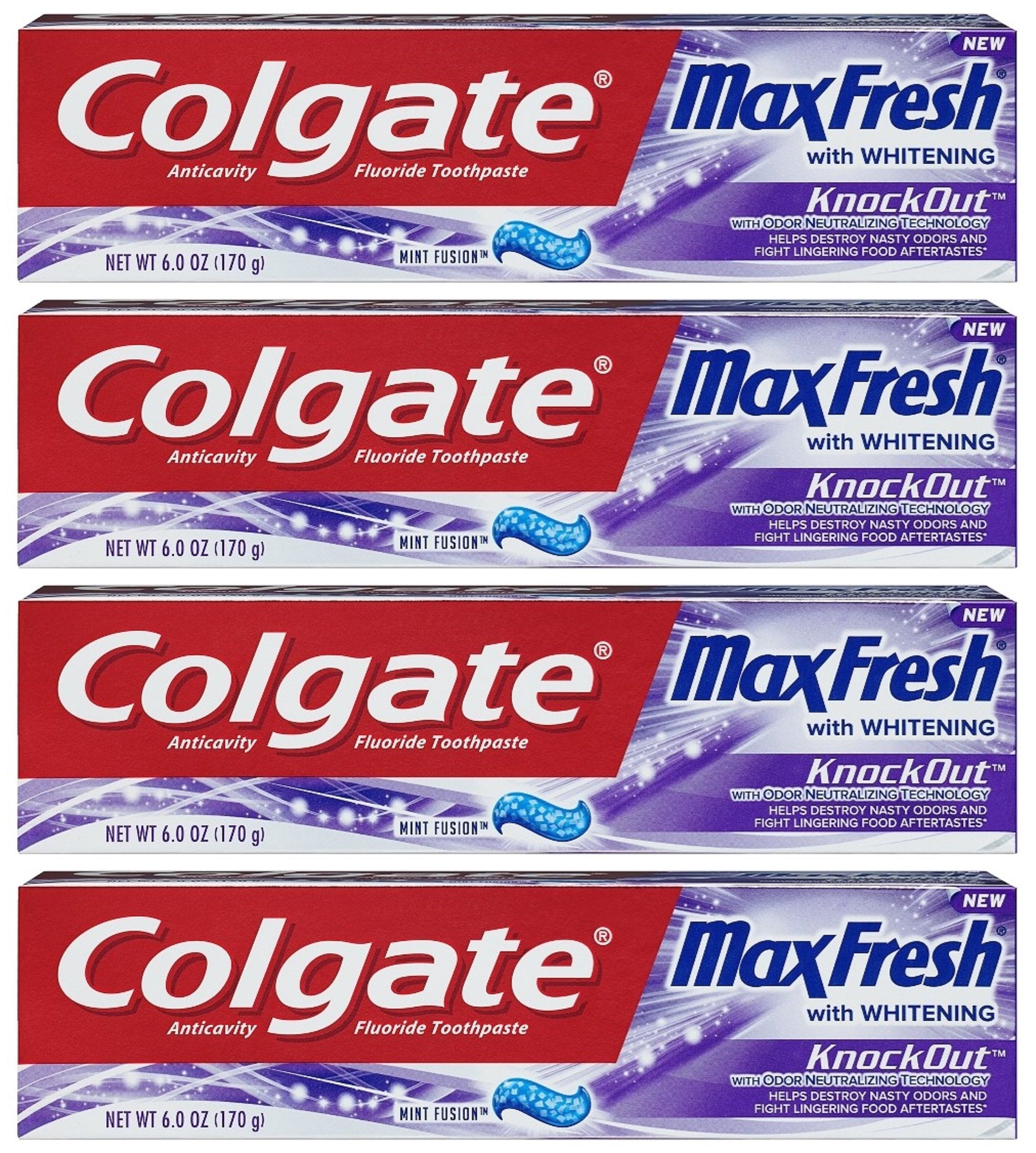 Colgate Max Fresh KnockOut toothpaste tubes, front view, promising minty freshness.