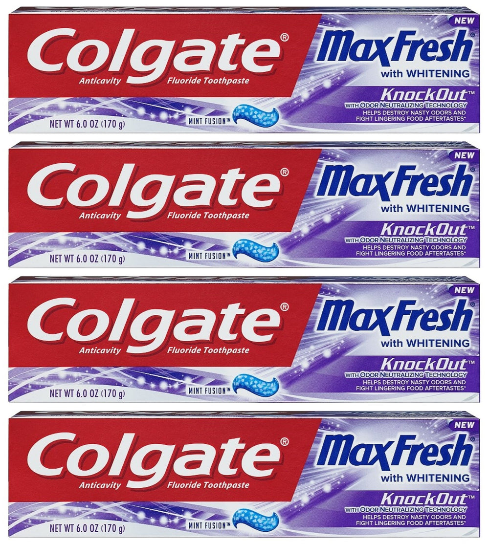 Colgate Max Fresh KnockOut toothpaste tubes, front view, promising minty freshness.
