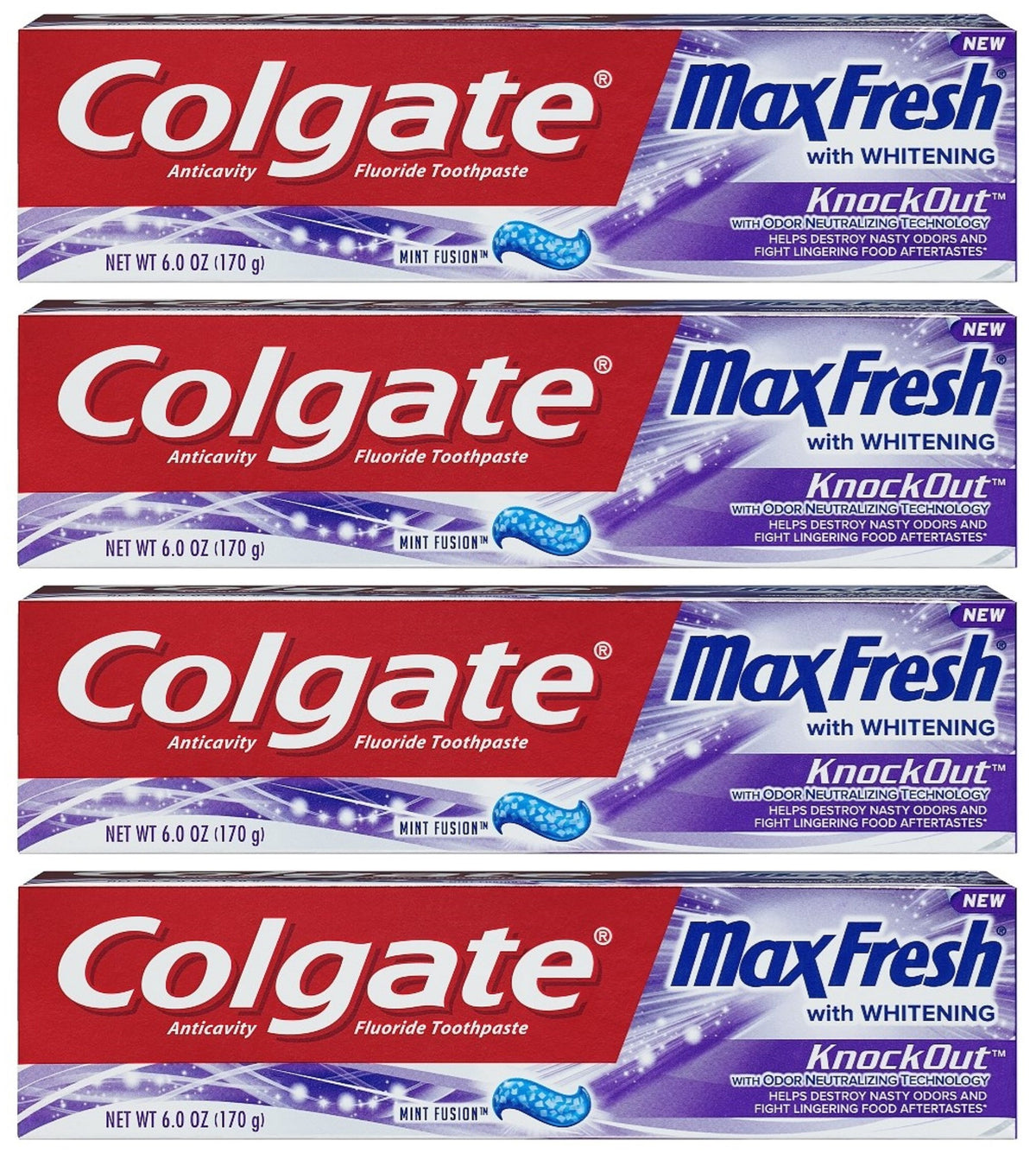 Colgate Max Fresh KnockOut toothpaste tubes, front view, promising minty freshness.