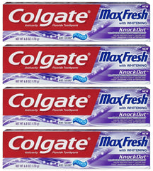 Colgate Max Fresh KnockOut toothpaste tubes, front view, promising minty freshness.