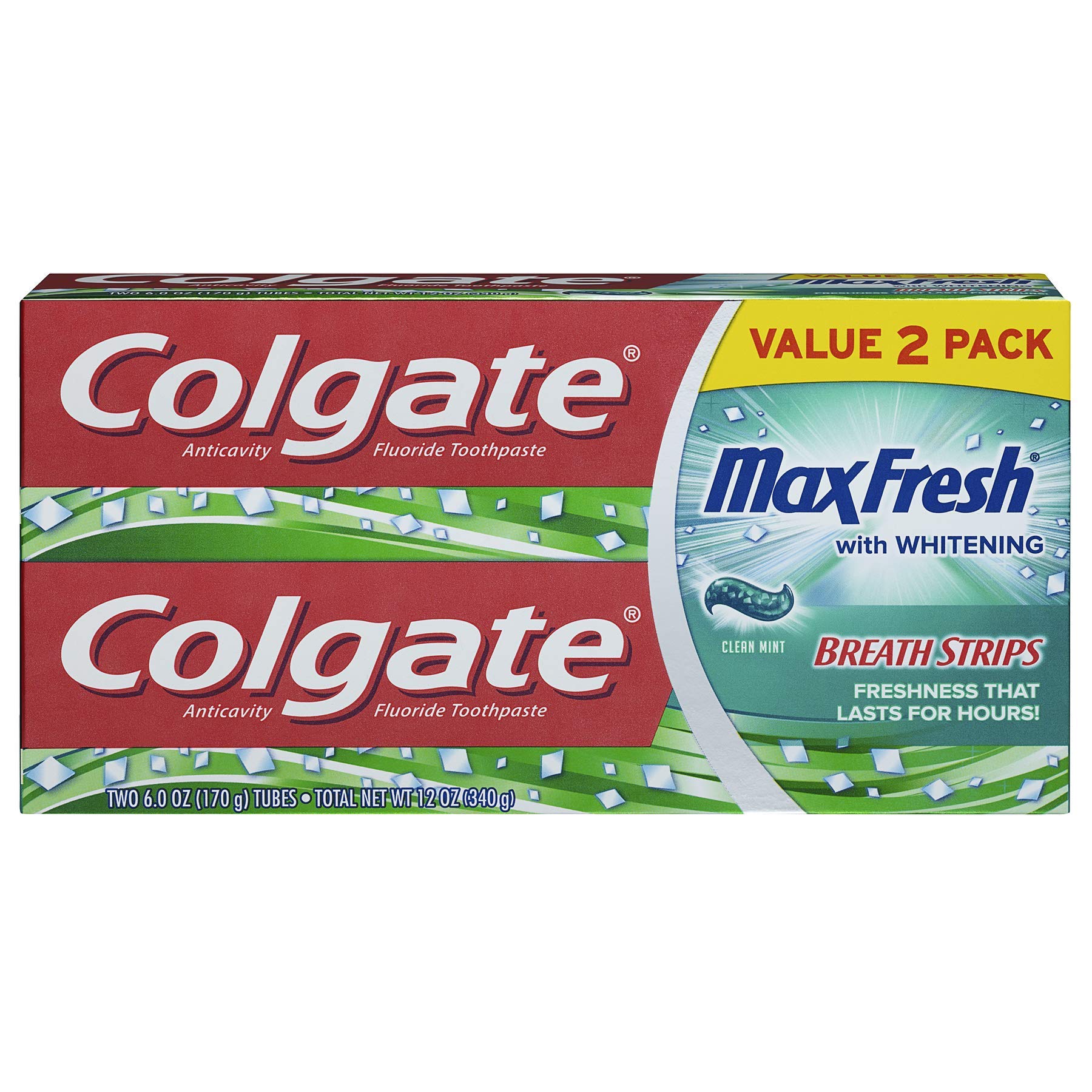 Colgate Max Fresh toothpaste with mini breath strips in Clean Mint for lasting freshness