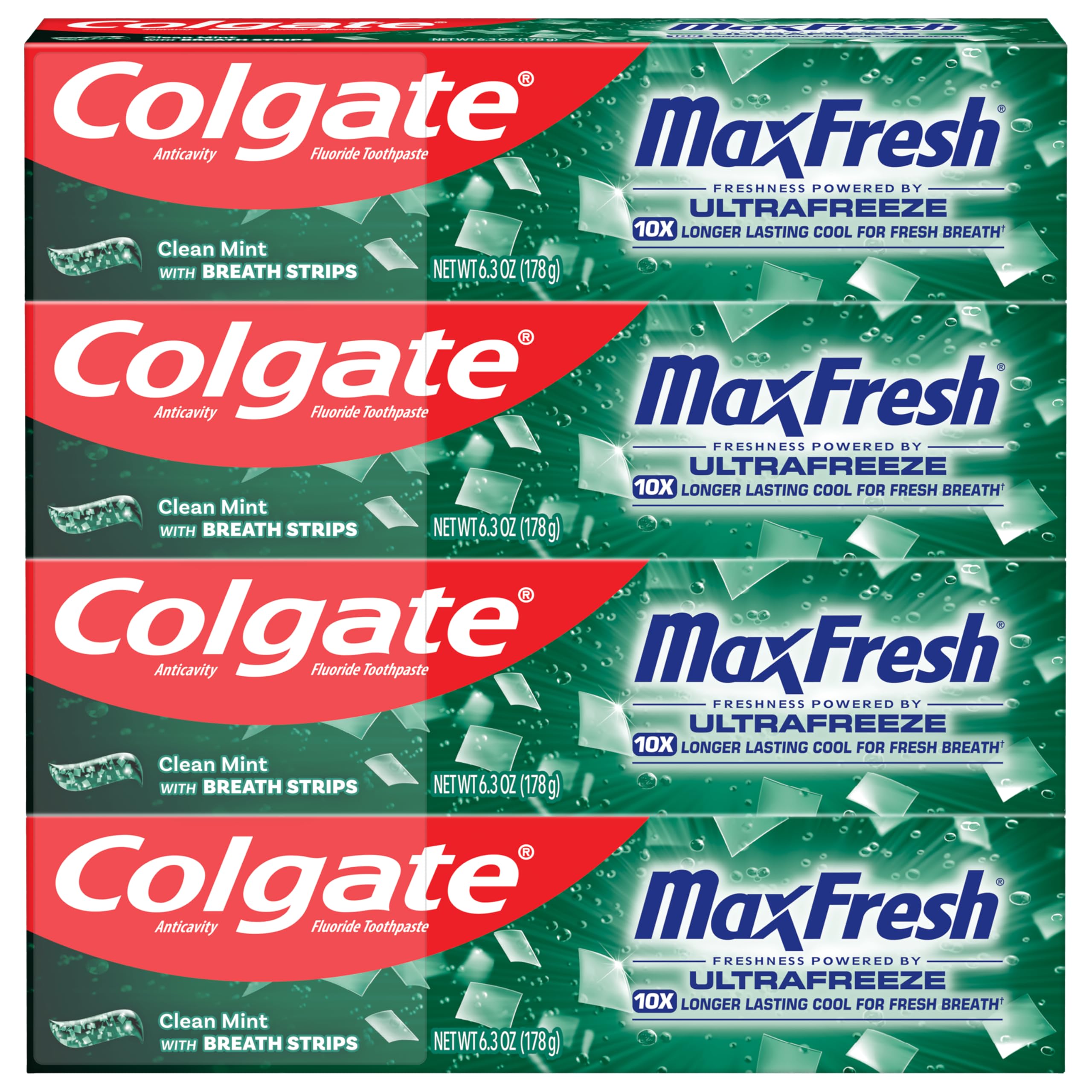 Colgate MaxFresh branding on tube emphasizes trusted protection and breath freshness.