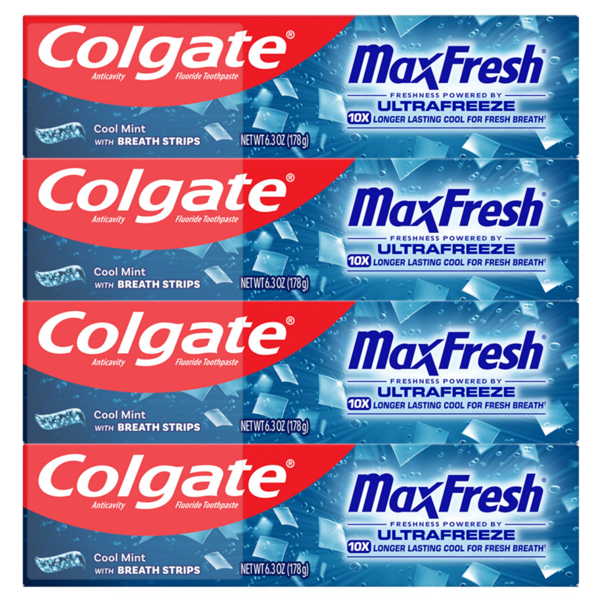 Colgate MaxFresh Cool Mint toothpaste pack with four tubes for daily freshness.