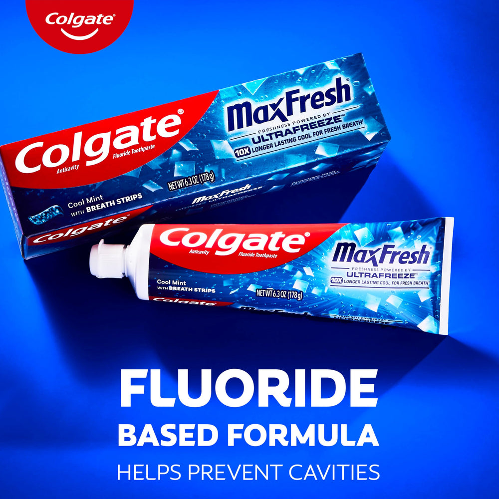Colgate MaxFresh Cool Mint tube label close-up for quick recognition.