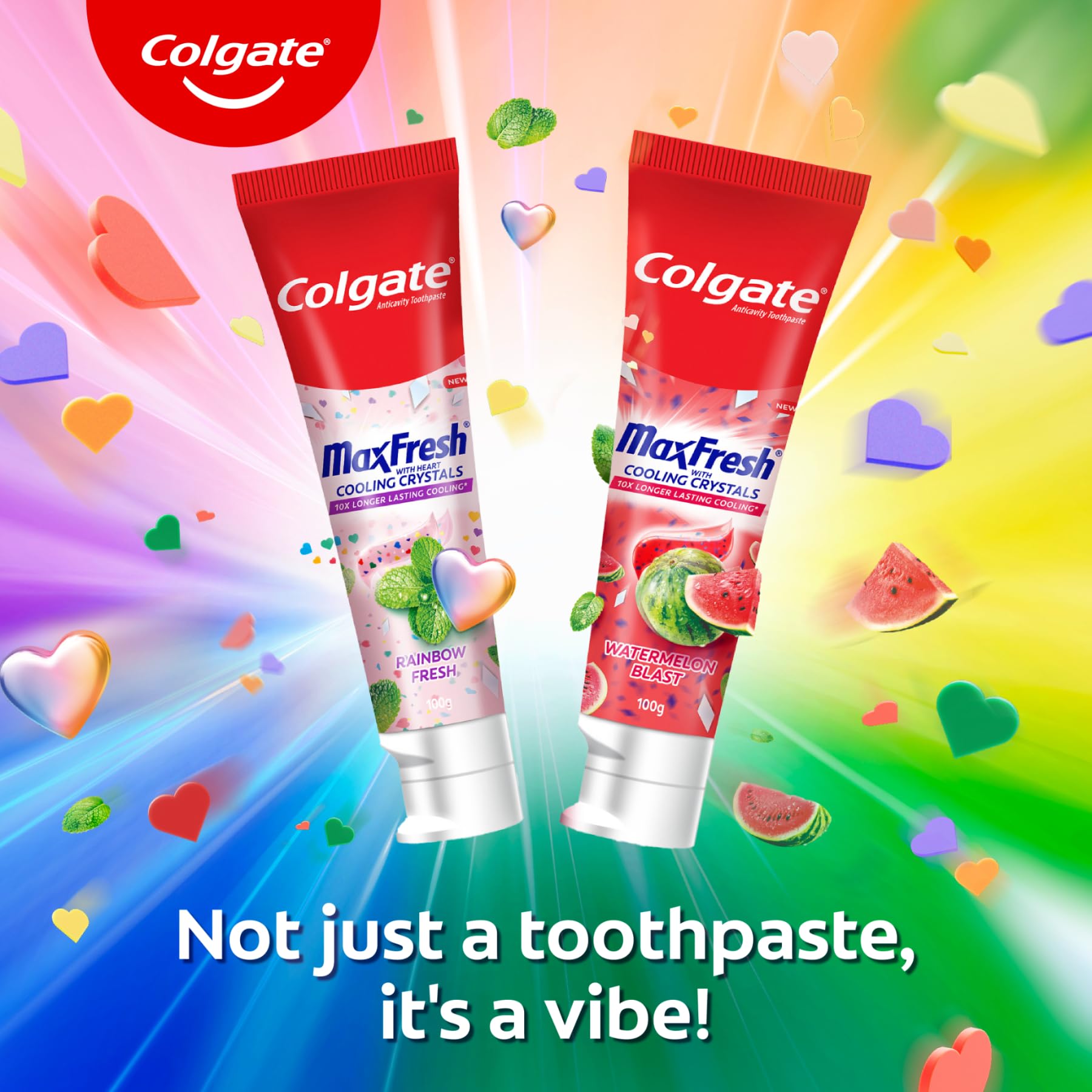 Colgate MaxFresh heart-shaped crystals conveying a playful morning ritual.