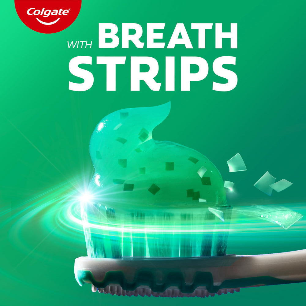 Colgate MaxFresh hundreds of mini breath strips closeup emphasize rapid, sustained freshness.