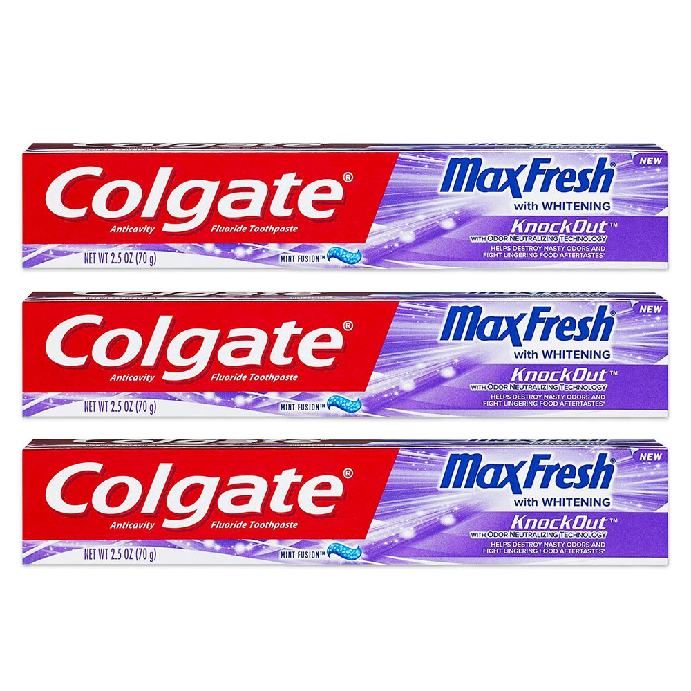 Colgate MaxFresh KnockOut Gel toothpaste tube with fusion mint for long-lasting breath.