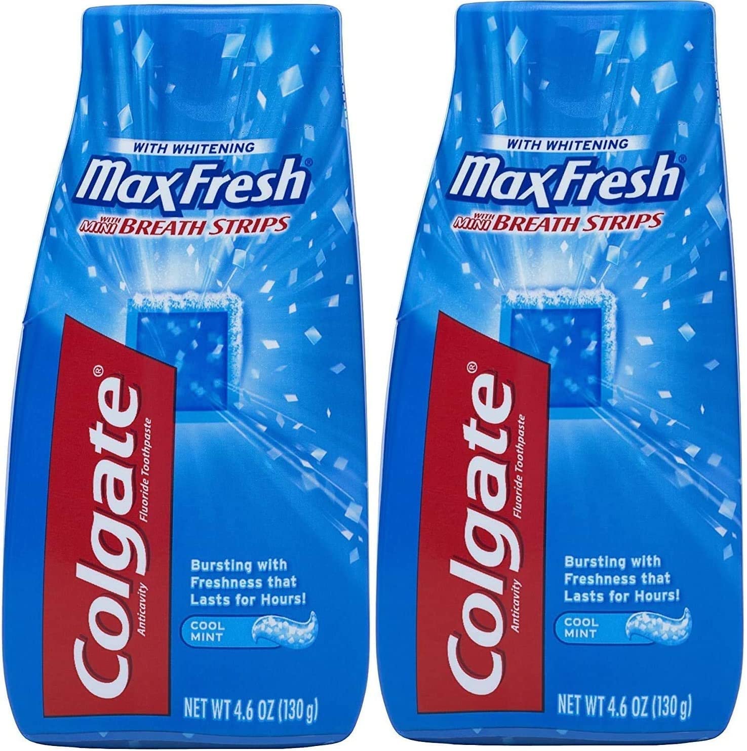 Colgate MaxFresh toothpaste packaging shows dual-pack design for freshness