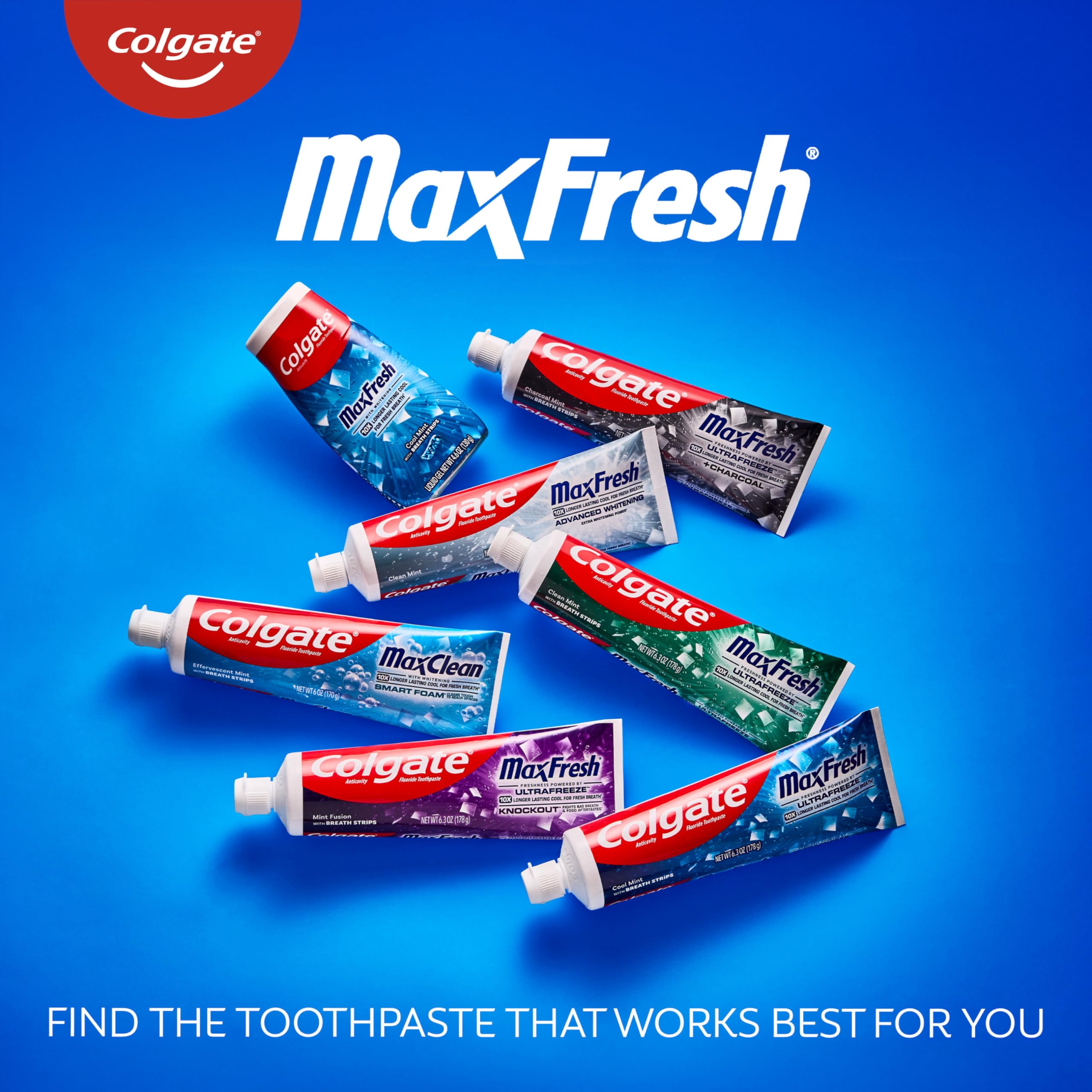 Colgate MaxFresh refreshing mouthfeel with cool mint imagery.
