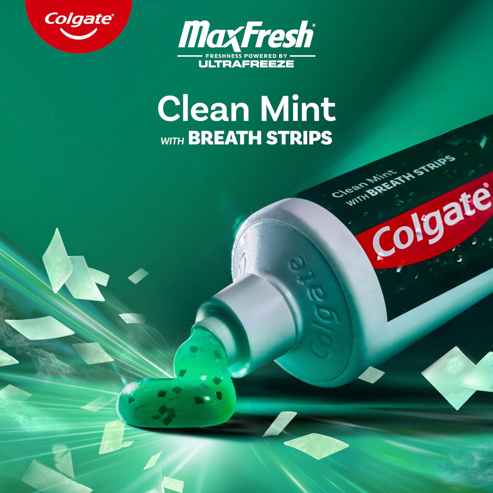 Colgate MaxFresh Ultrafreeze cooling burst closeup highlights long lasting freshness.