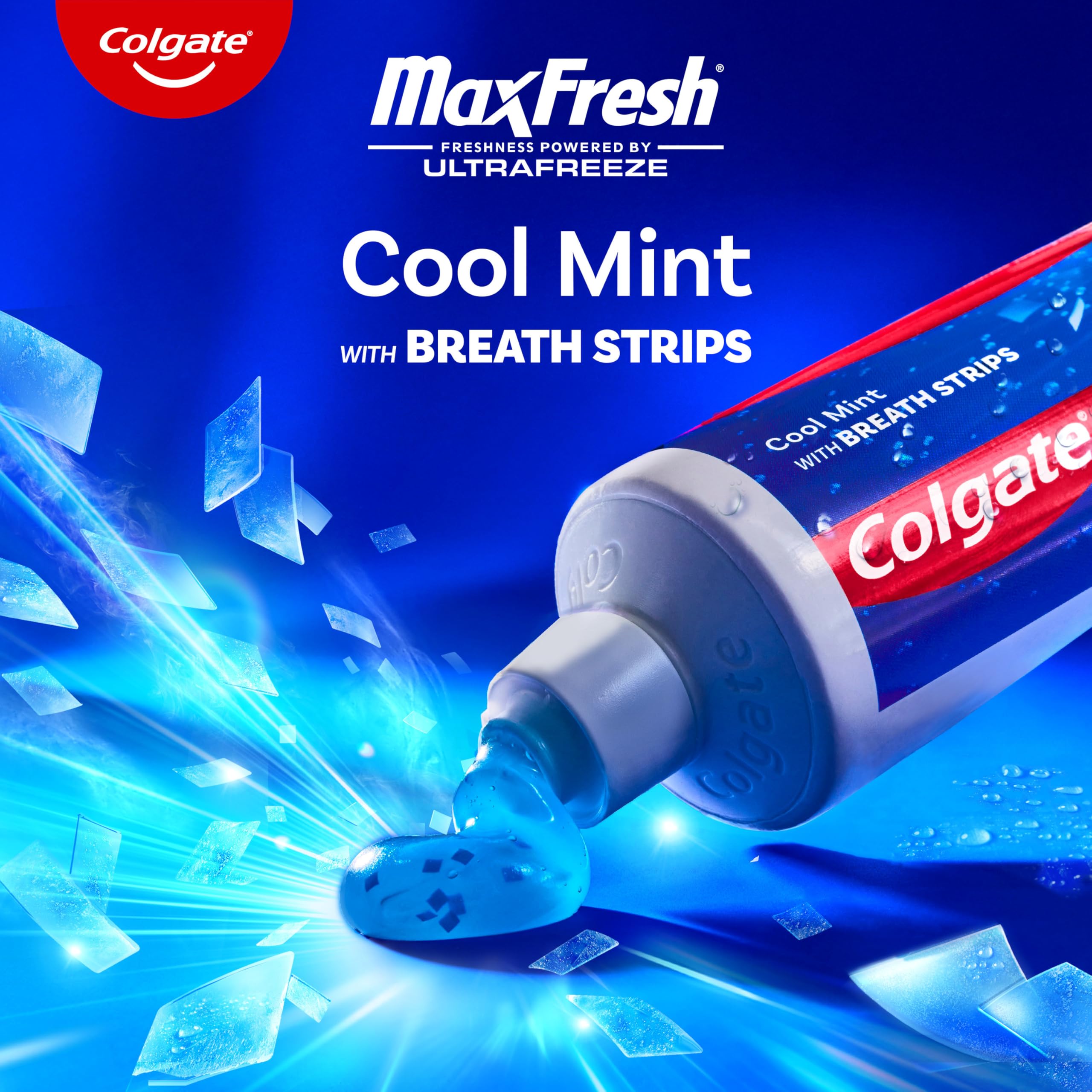 Close-up of Ultrafreeze cooling in Colgate MaxFresh toothpaste for extended freshness.