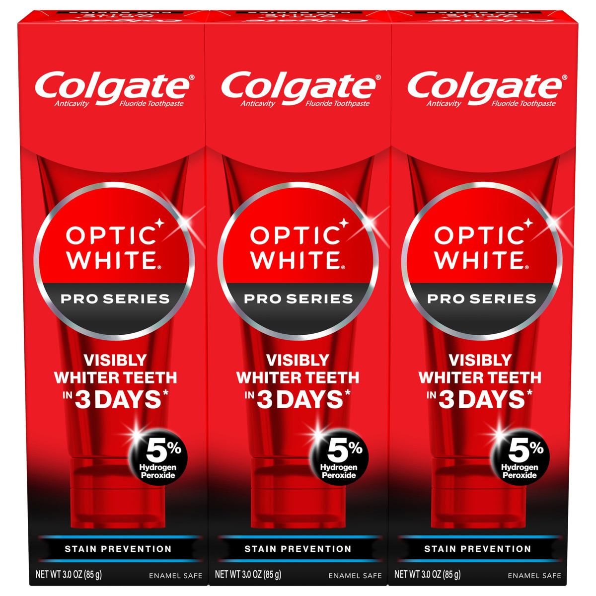 Colgate Optic White Pro Series toothpaste tubes for stain prevention.