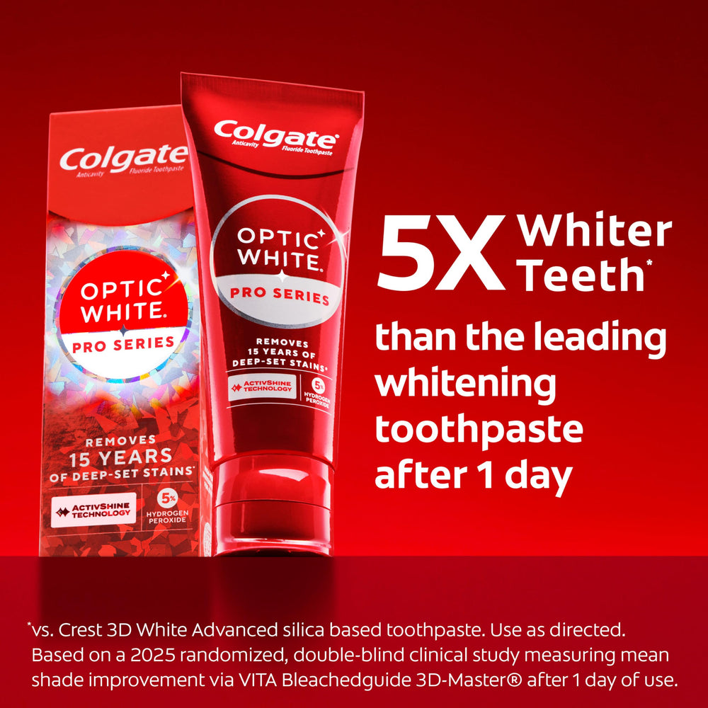 Colgate Optic White Pro Series three-pack box showcases convenient family use