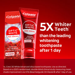 Colgate Optic White Pro Series three-pack box showcases convenient family use