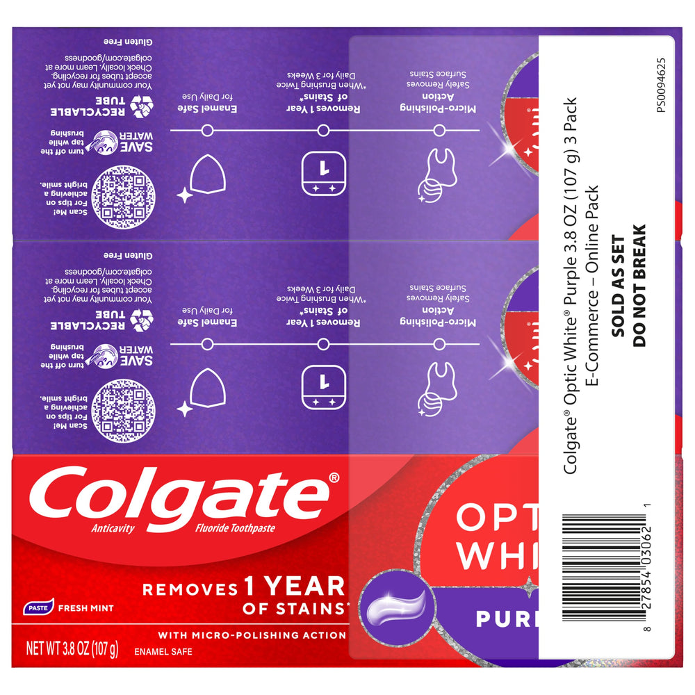 Colgate Optic White Purple enamel-safe daily use in bathroom setting.
