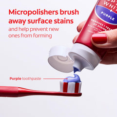 Colgate Optic White Purple micro-polishers depicted near toothpaste surface.