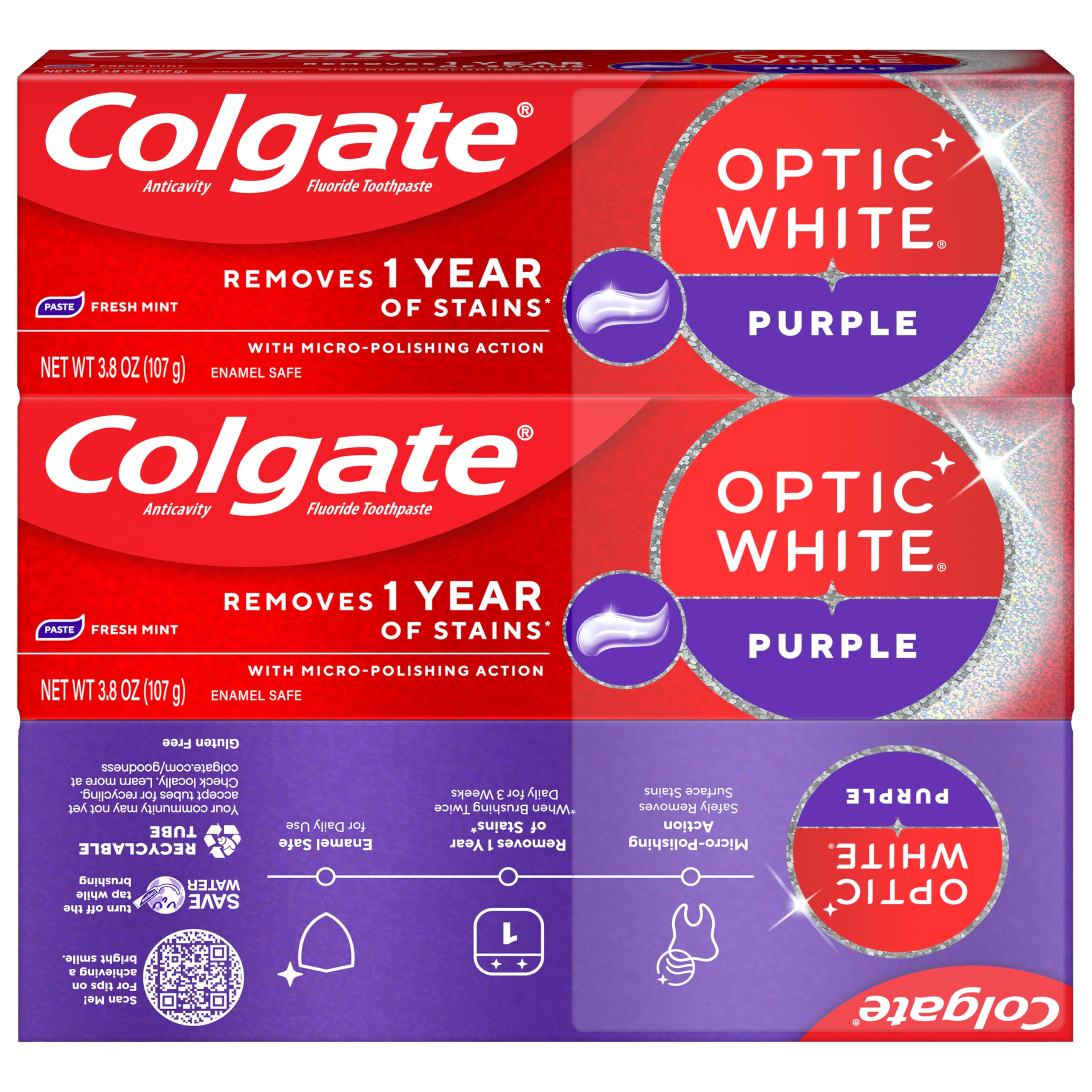 Three-tube Colgate Optic White Purple packaging displayed on shelf.