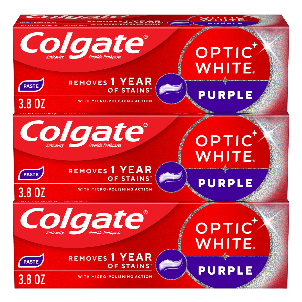 Colgate Optic White Purple 3-pack tubes ready for daily whitening.