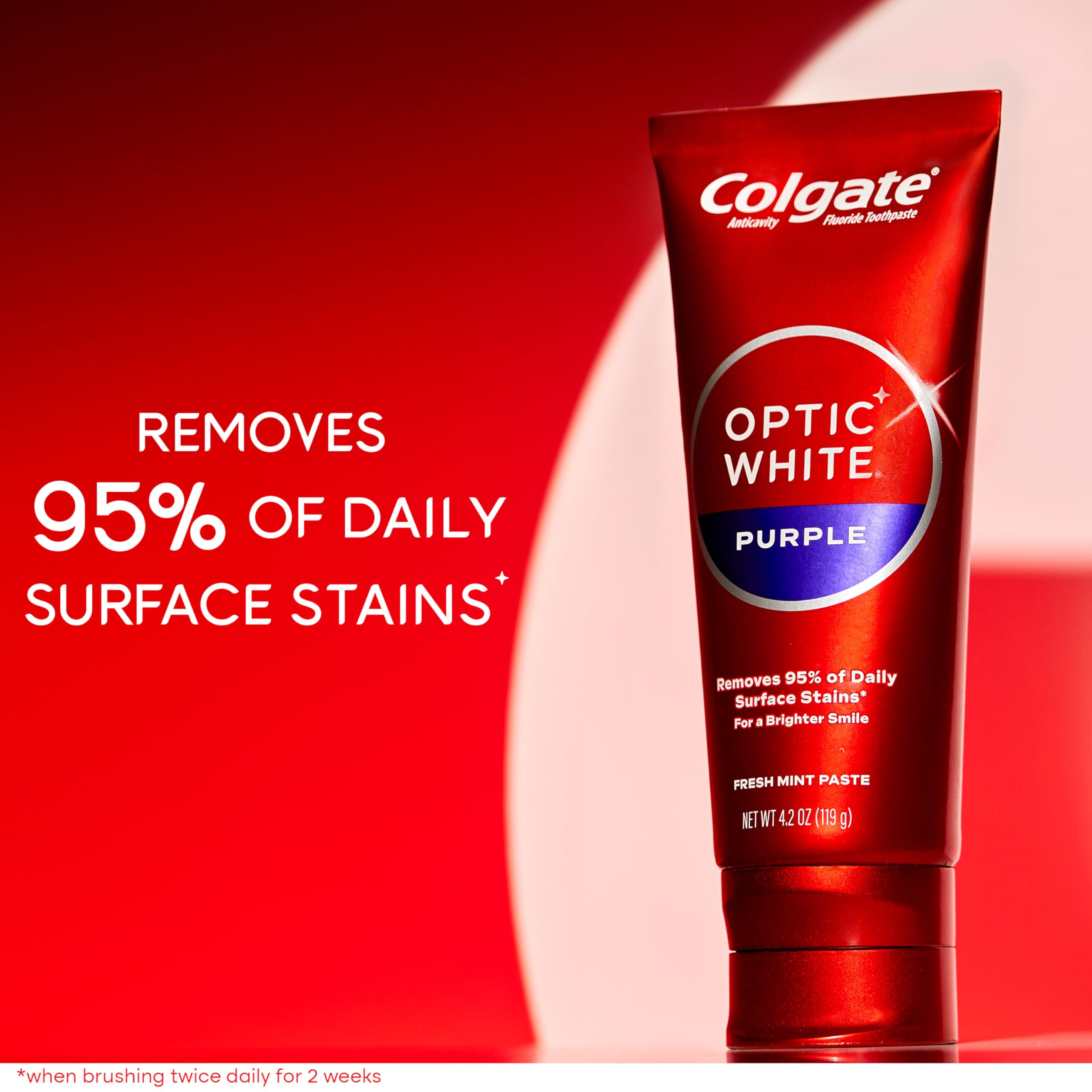Colgate Optic White Purple toothpaste back view highlighting fluoride and daily use