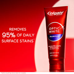 Colgate Optic White Purple toothpaste back view highlighting fluoride and daily use