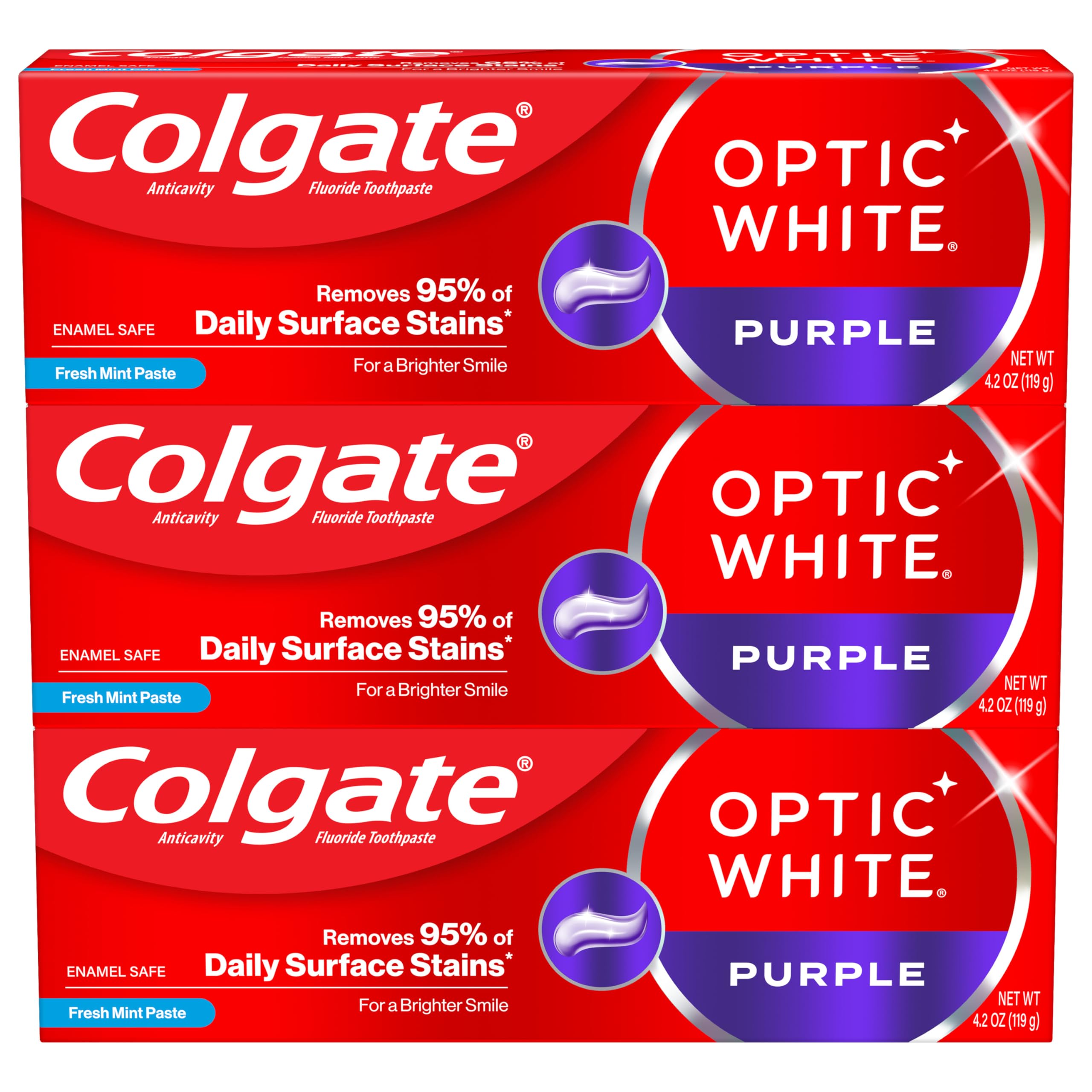 Colgate Optic White Purple toothpaste front view showing mint flavor for a brighter smile