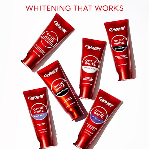 Colgate Optic White Purple toothpaste pack corner view for bathroom shelf display