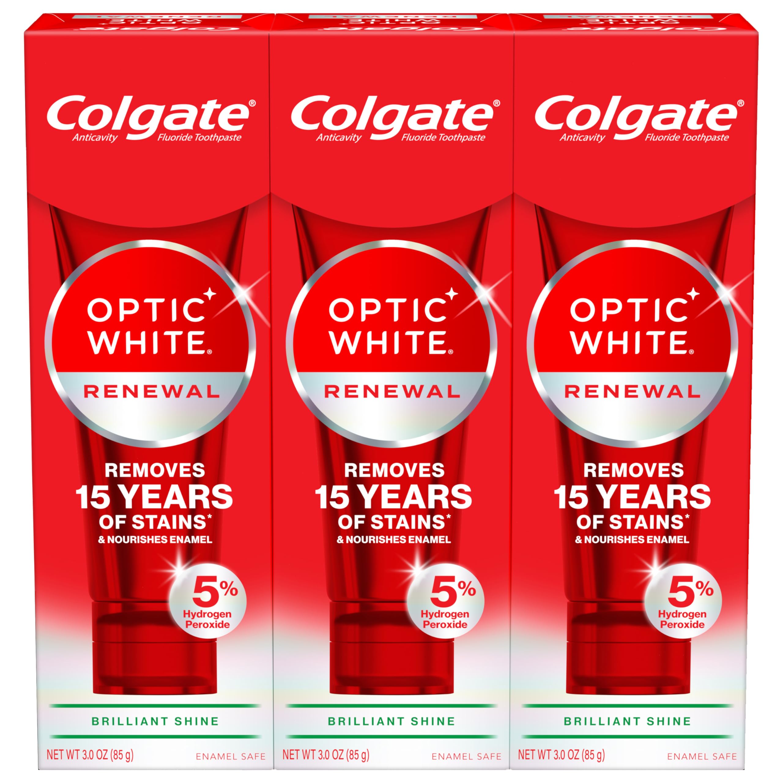 Colgate Optic White Renewal front packaging showing three-tube bundle for whitening at home