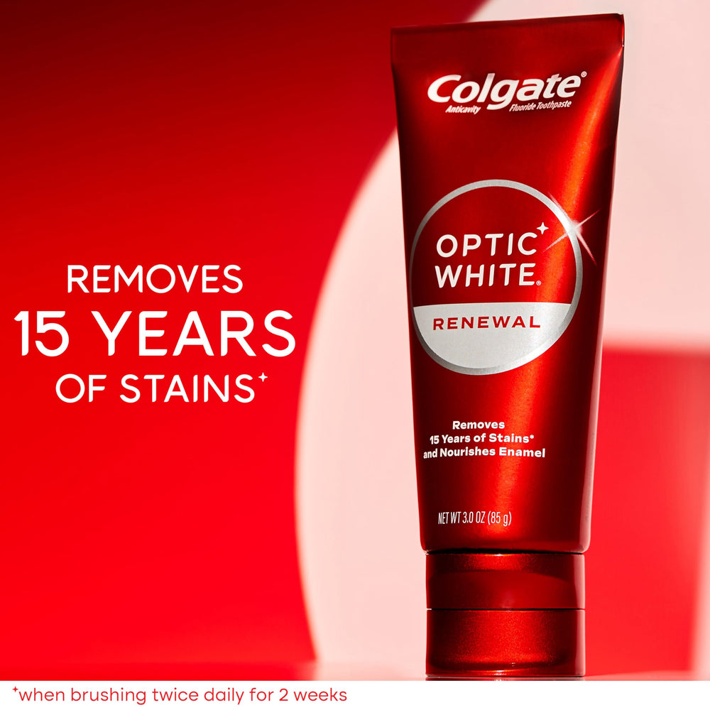 Colgate Optic White Renewal tube closeup highlighting enamel-safe whitening with fluoride