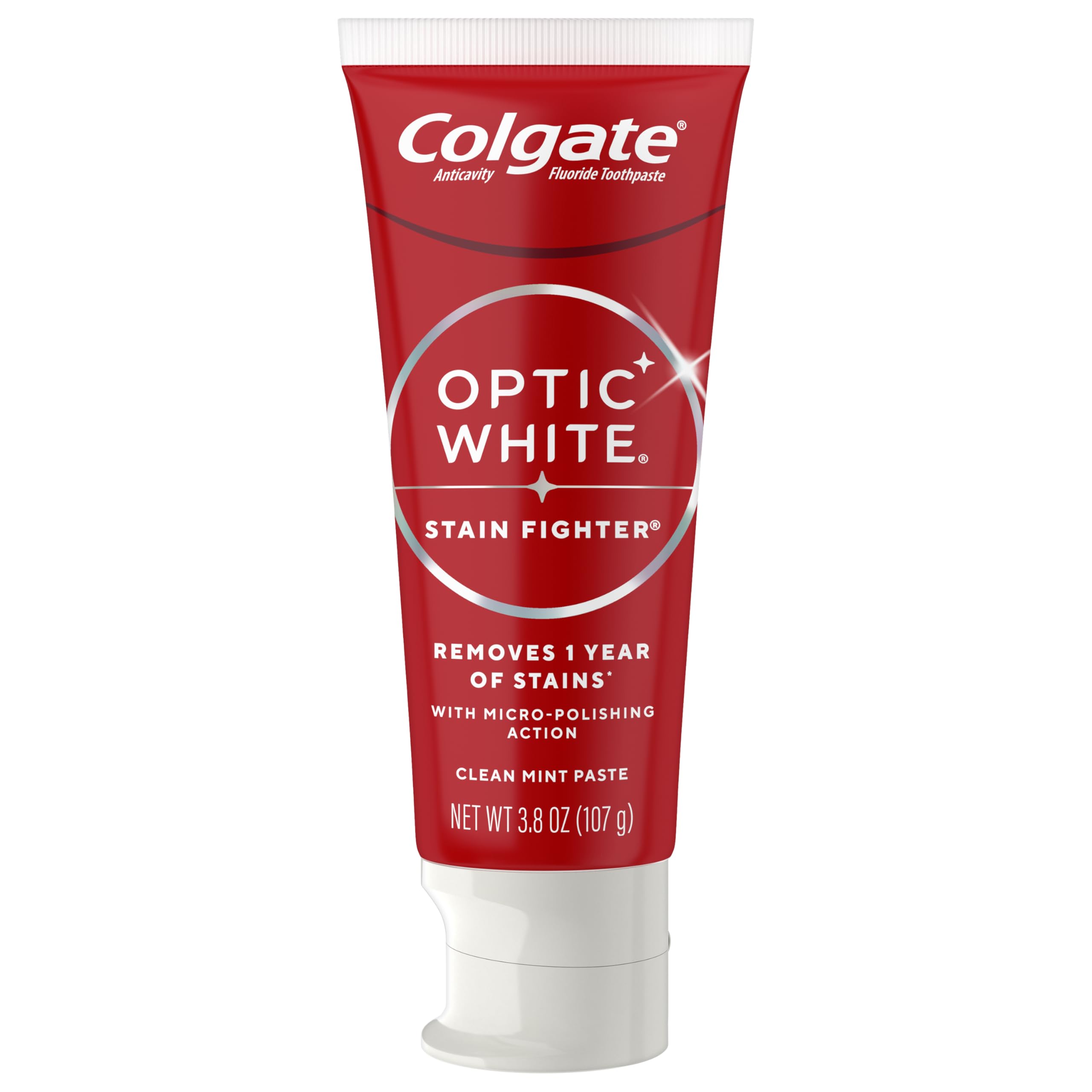 Bathroom counter display showing 4-pack of Colgate Optic White Stain Fighter toothpaste