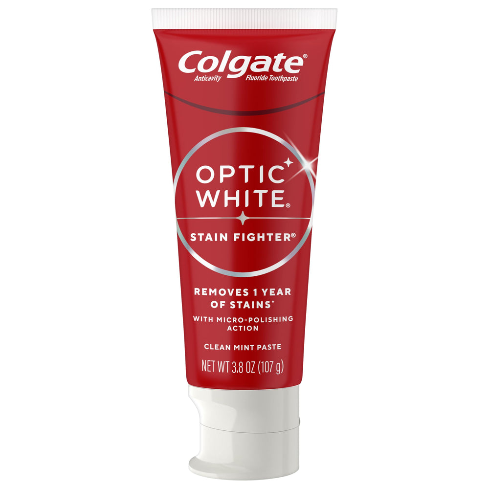 Bathroom counter display showing 4-pack of Colgate Optic White Stain Fighter toothpaste