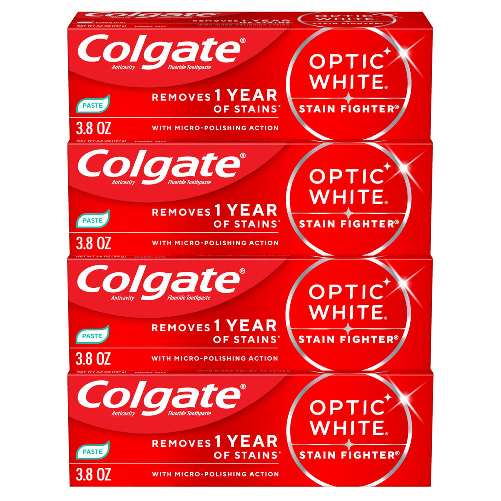 Colgate Optic White Stain Fighter 4-pack tubes offers whitening and enamel protection