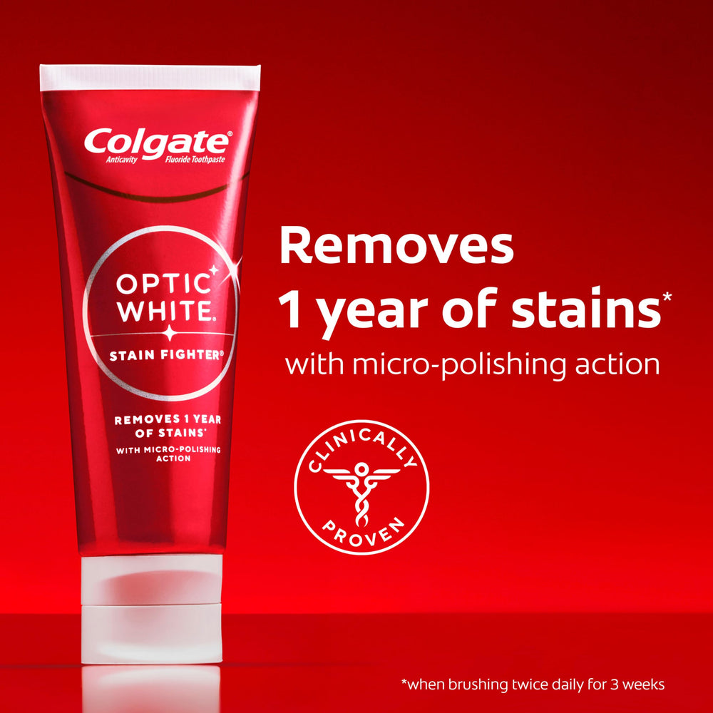 Close-up of Colgate Optic White toothpaste with whitening formula for stain removal