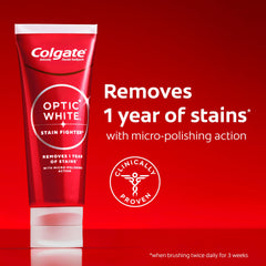 Close-up of Colgate Optic White toothpaste with whitening formula for stain removal