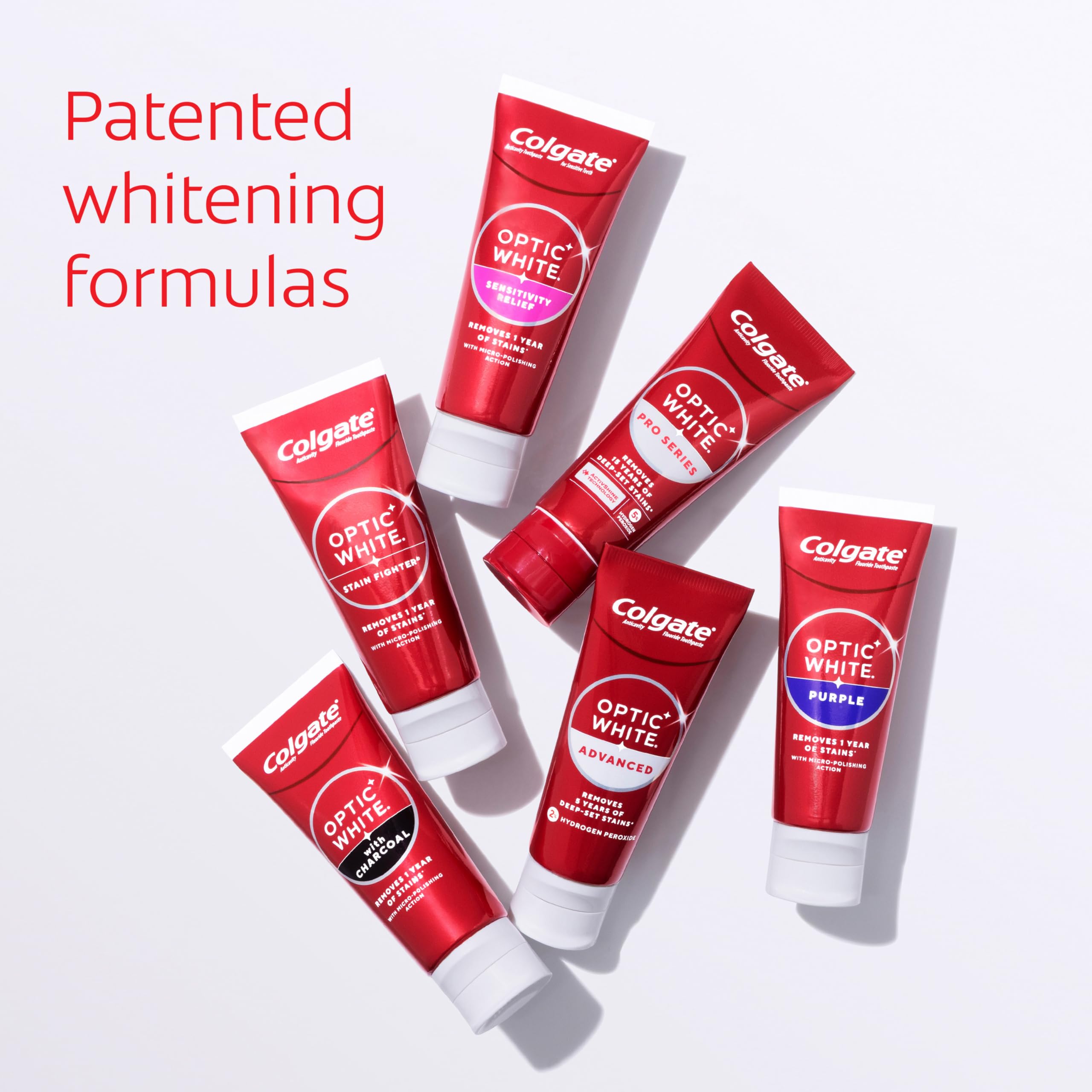 Colgate Optic White Stain Fighter removes up to 1 year of stains with regular brushing